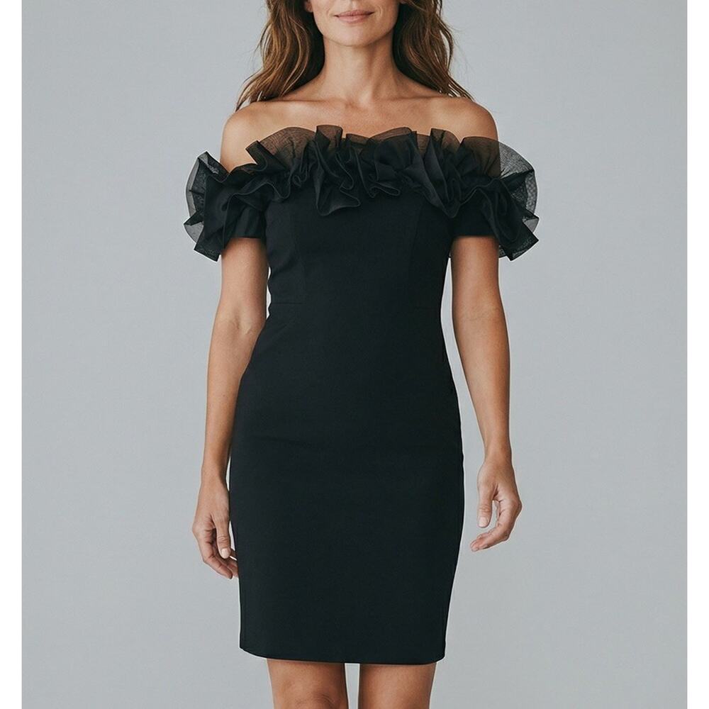 Aidan Mattox 4 Black Off Shoulder Ruffle Sheath Dress Cocktail Evening Party